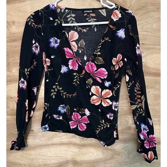 Express Shirt Womens Small Black Floral Long Sleeve Faux Wrap V Blouse  Top - Picture 1 of 7